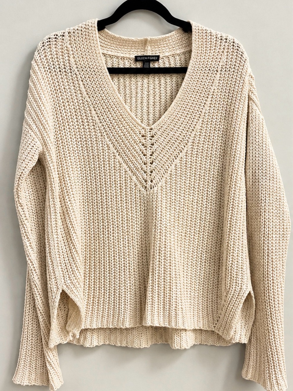 Eileen Fisher Soft Cream Open-Knit V-Neck Sweater
